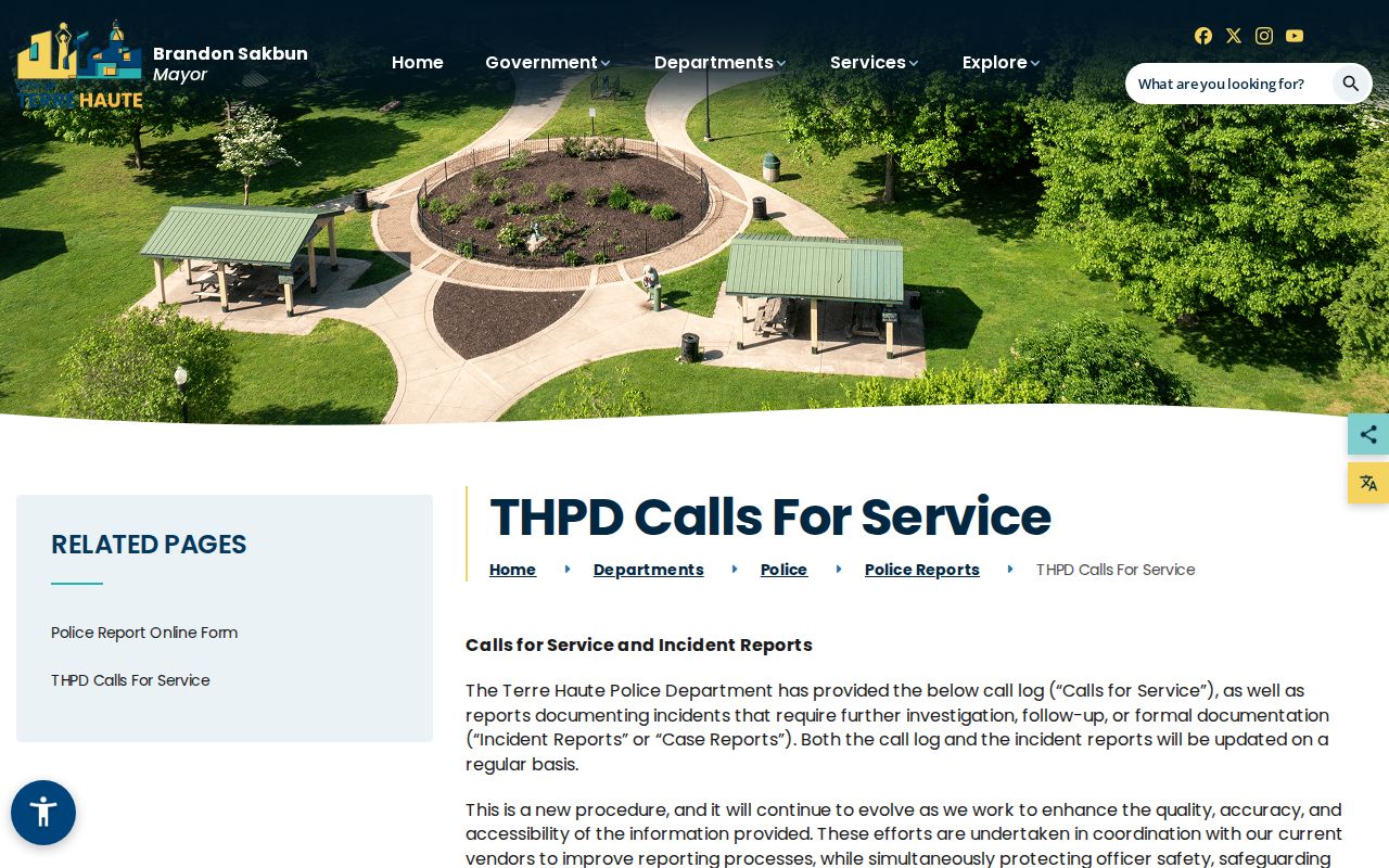 Terre Haute Police arrest calls and incident records page