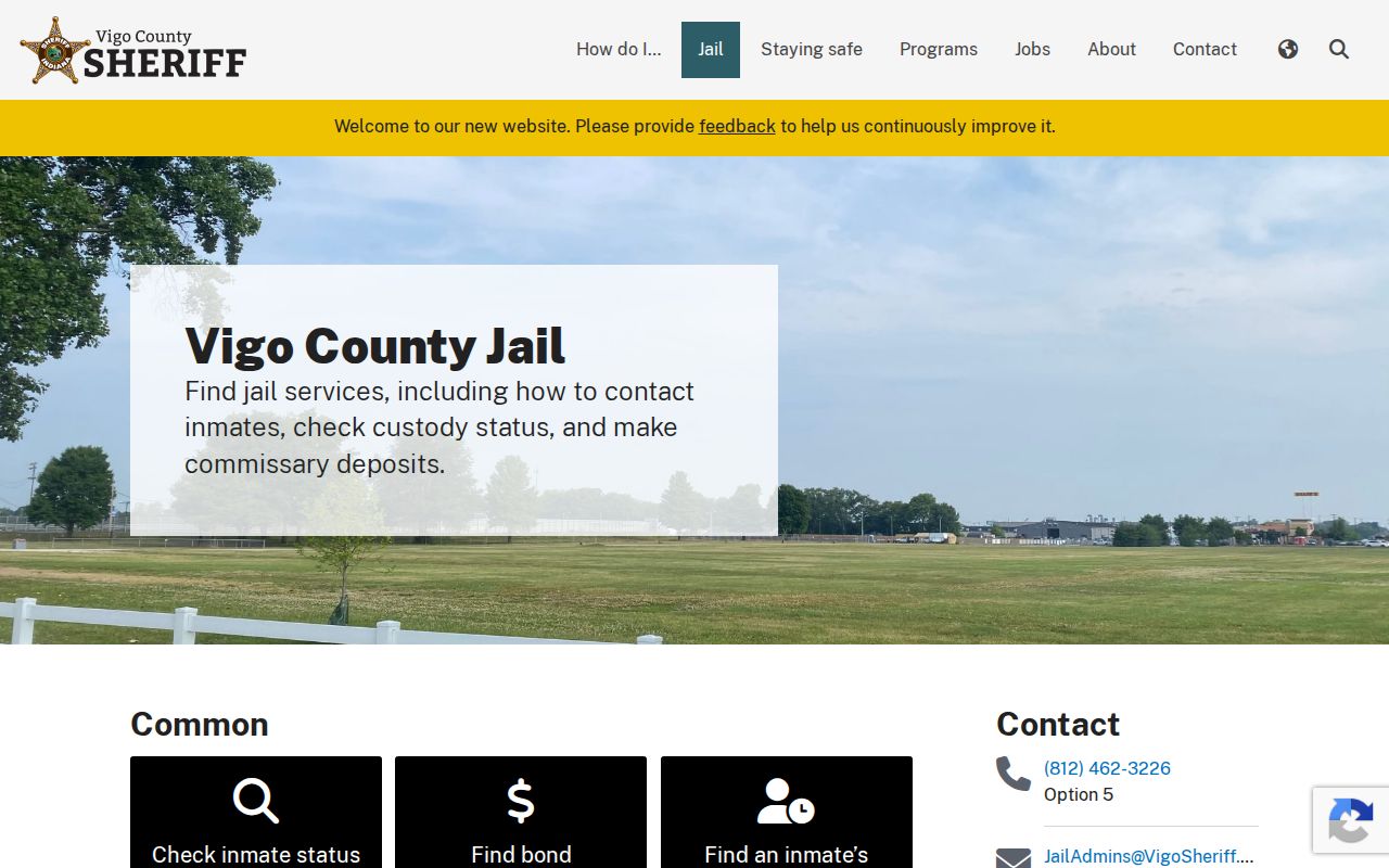 Official Vigo County Jail services page used for roster and booking-feed context