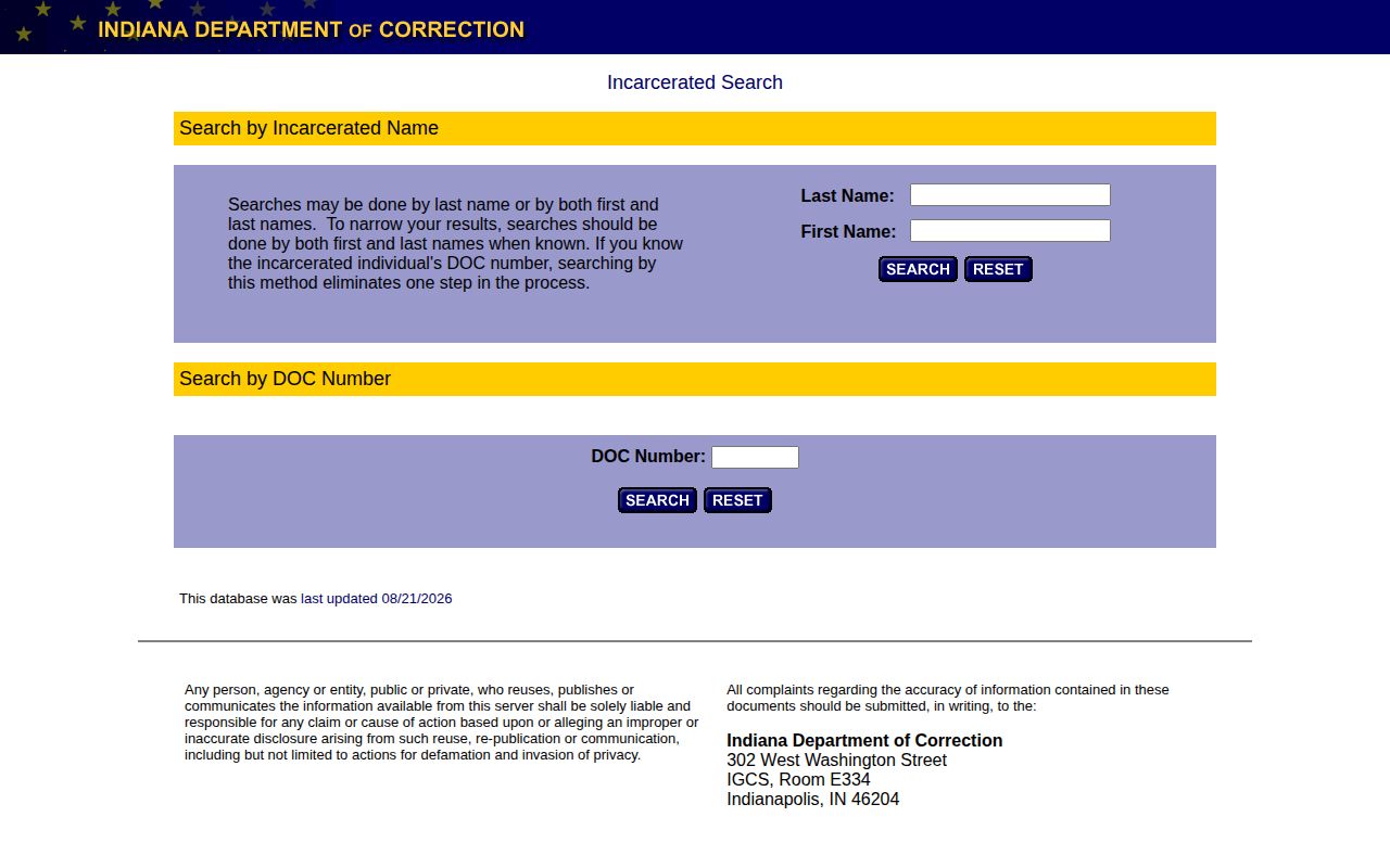 Indiana Department of Correction offender search used for Vigo County state custody