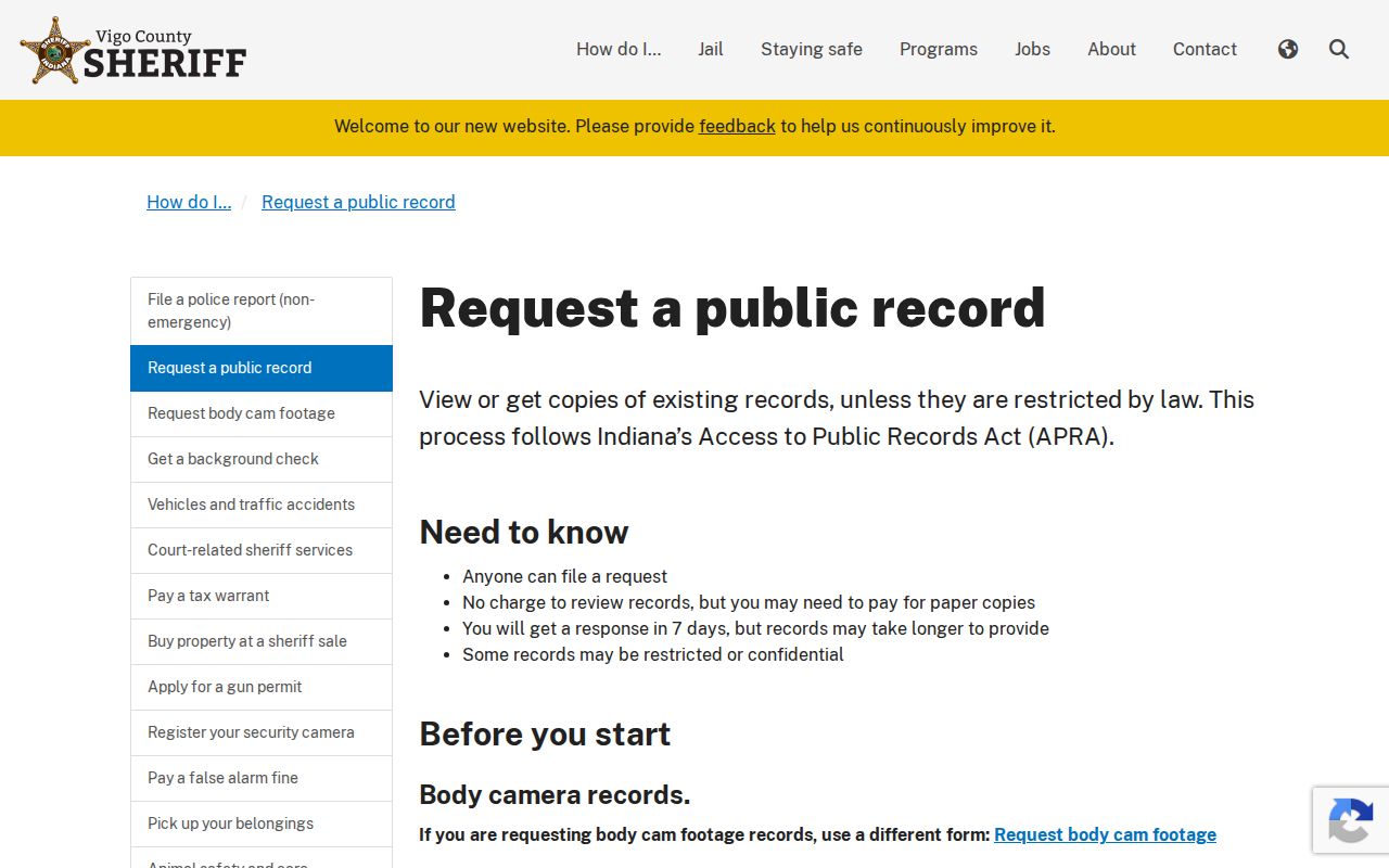 Vigo County Sheriff online public-record request form for booking records