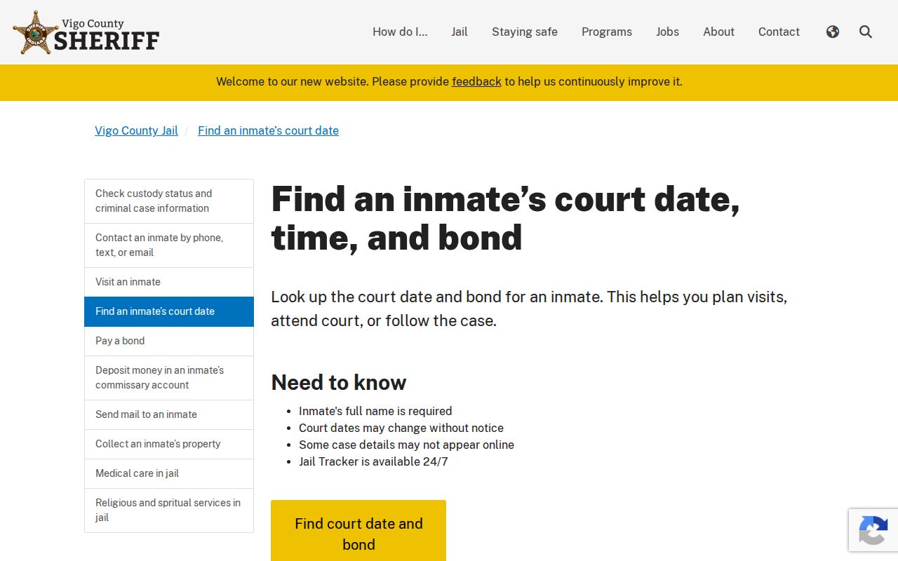 Vigo County Sheriff instructions for current JailTracker custody searches